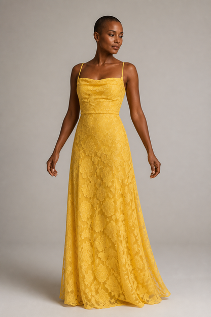 Yellow lace A-line maxi dress — hero