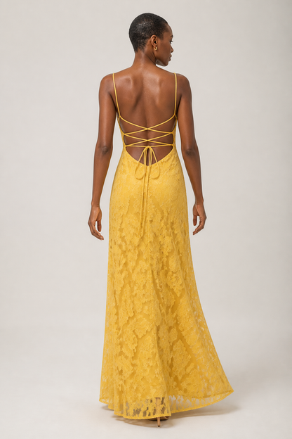 Yellow lace A-line maxi dress — rear