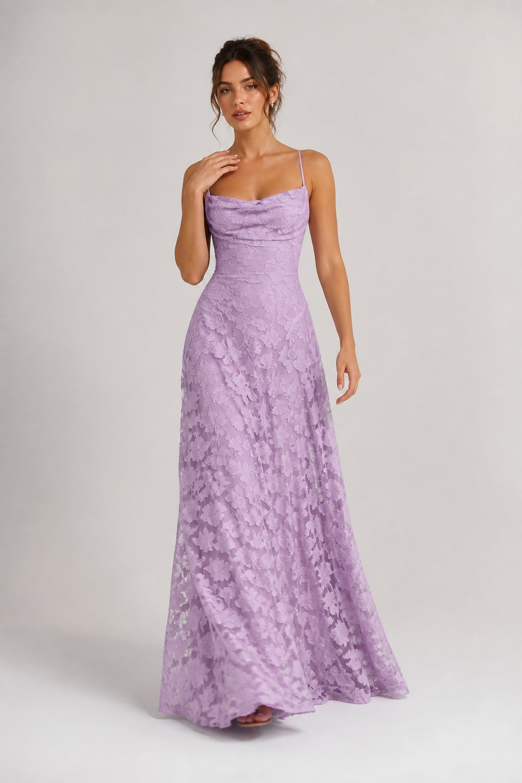 Purple lace A-line maxi dress — hero