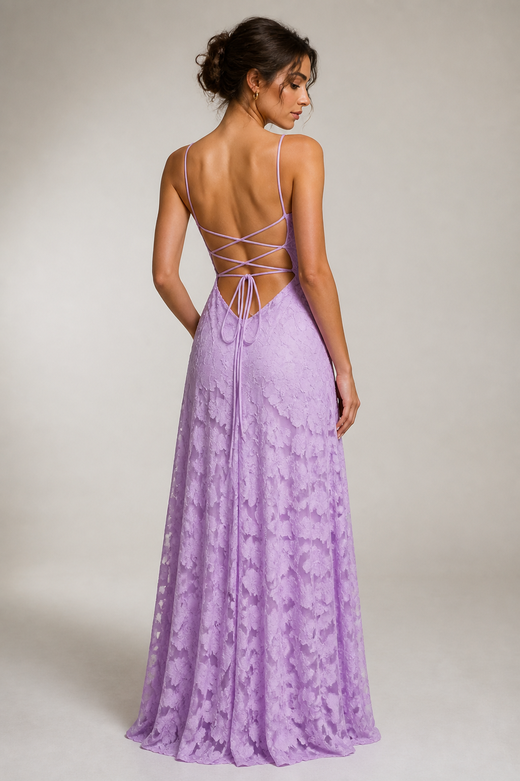 Purple lace A-line maxi dress — rear