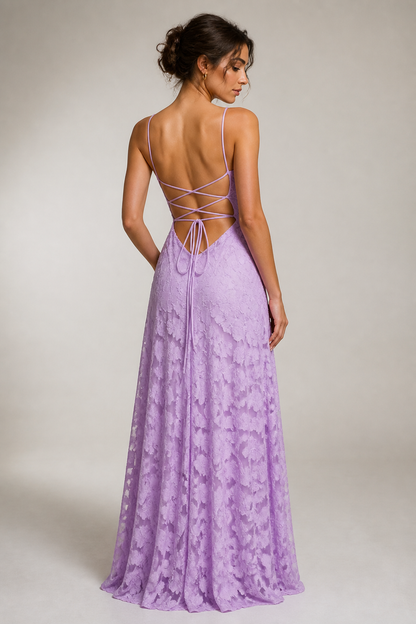 Purple lace A-line maxi dress — rear
