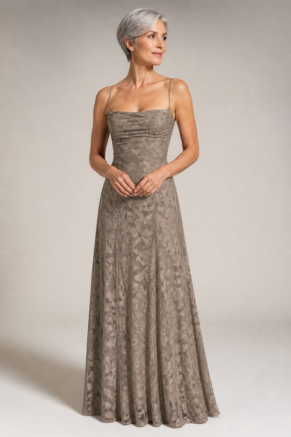 Khaki lace A-line maxi dress — hero