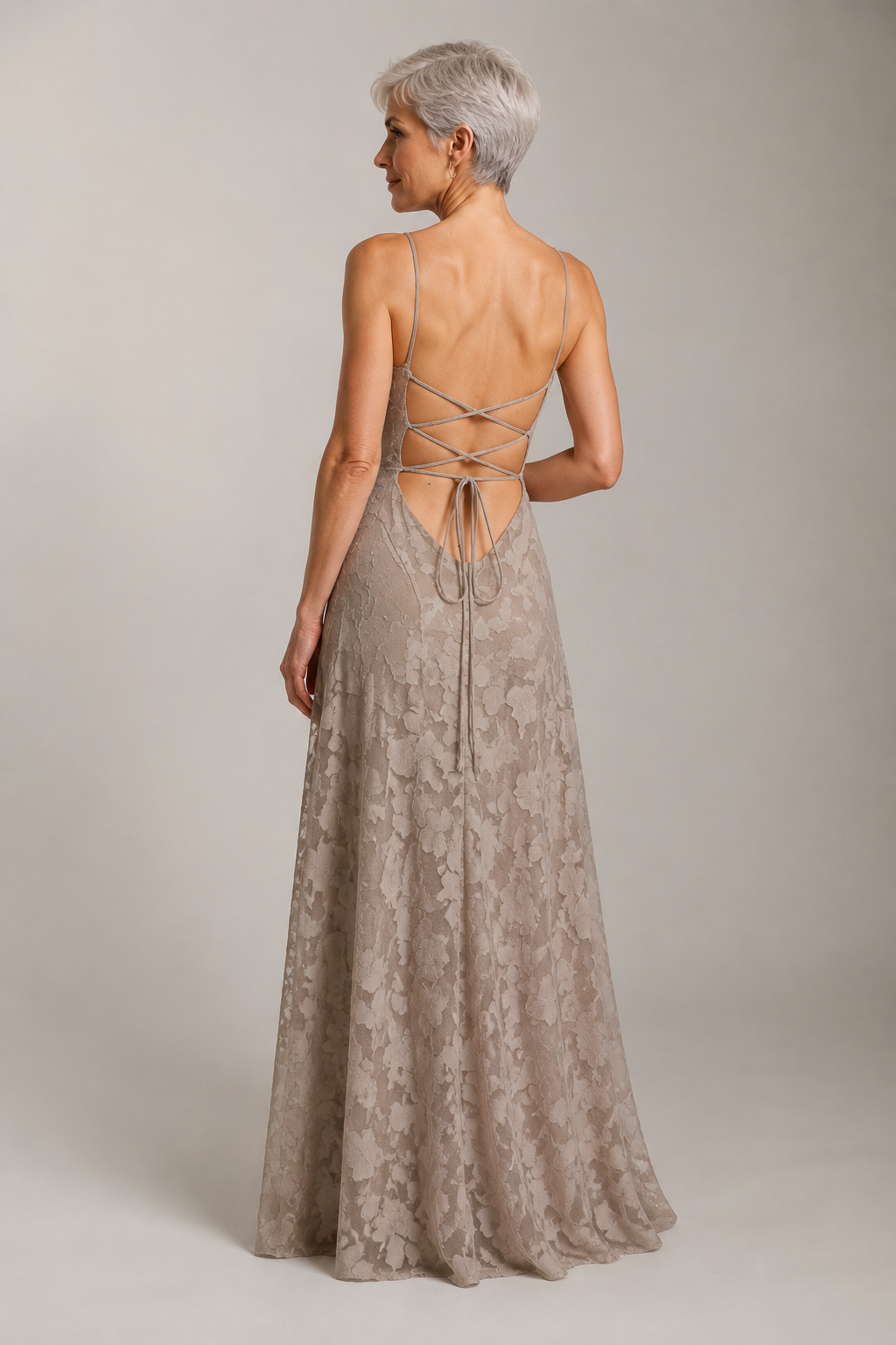 Khaki lace A-line maxi dress — rear