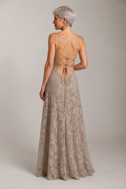 Khaki lace A-line maxi dress — rear