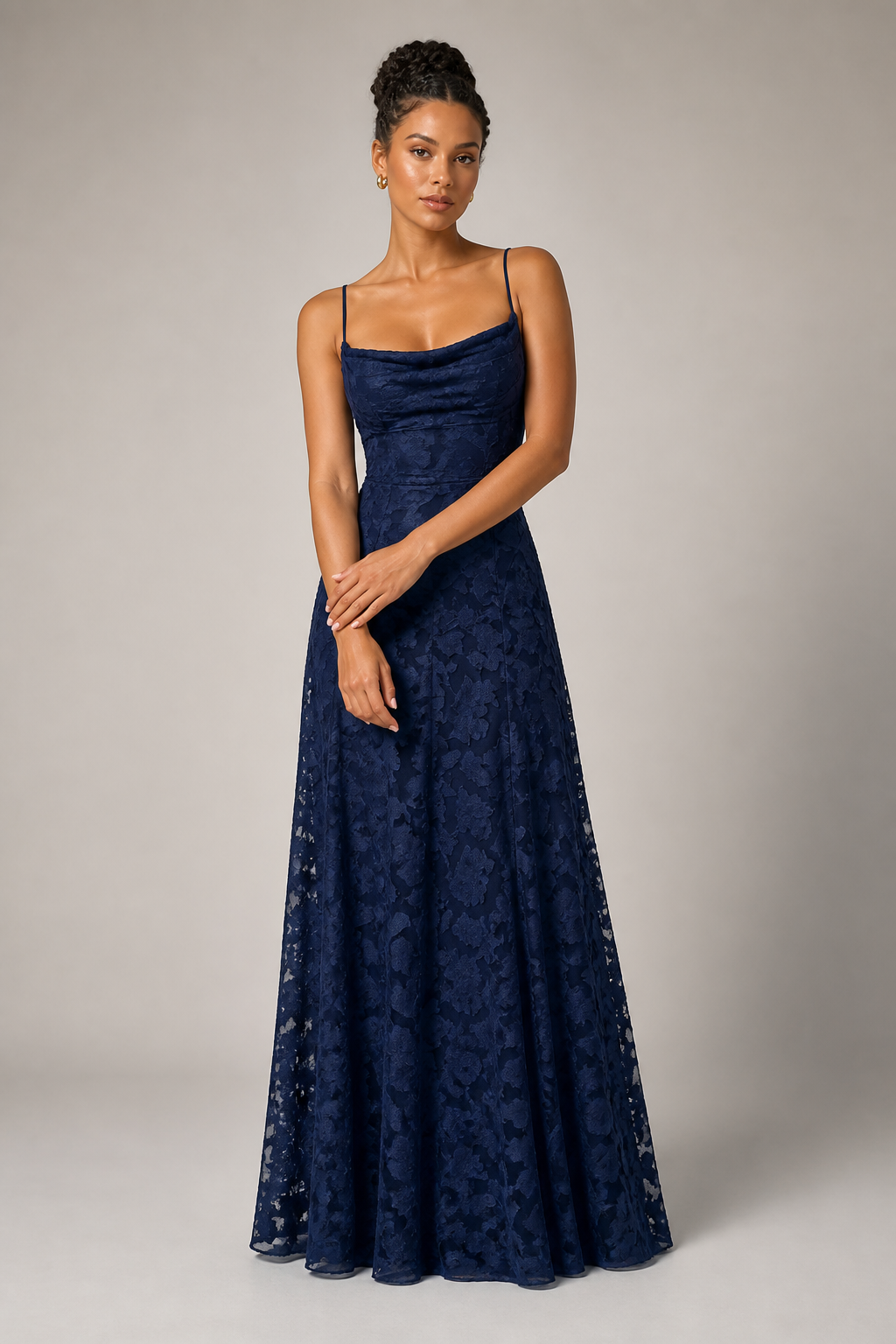 Navy lace A-line maxi dress — hero