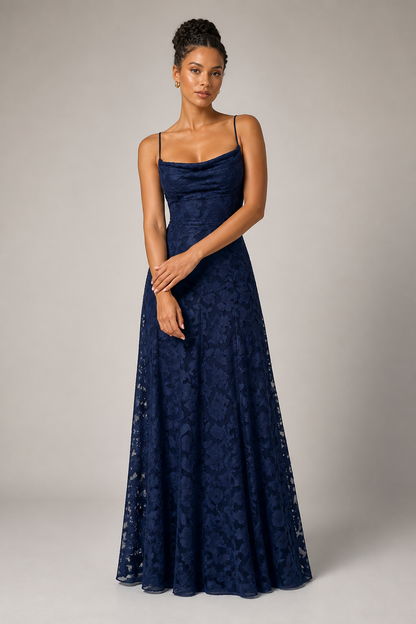 Navy lace A-line maxi dress — hero