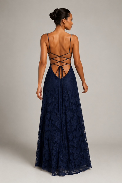 Navy lace A-line maxi dress — rear