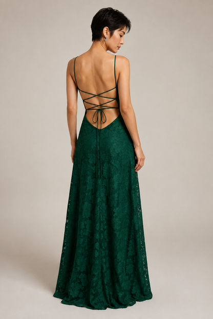 Forest Green lace A-line maxi dress — rear