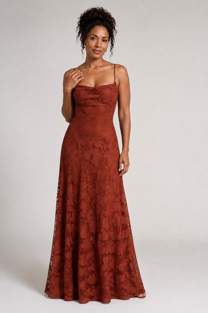 Brown lace A-line maxi dress — hero