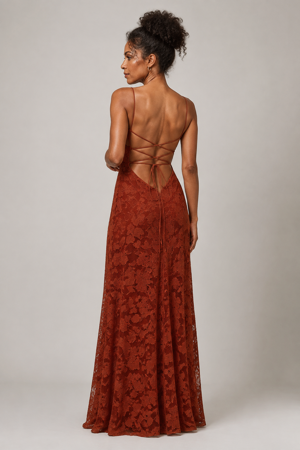 Brown lace A-line maxi dress — rear