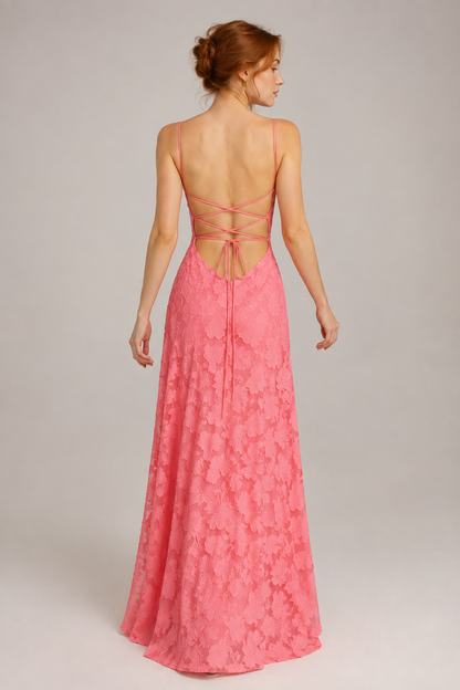 Rose Red lace A-line maxi dress — rear