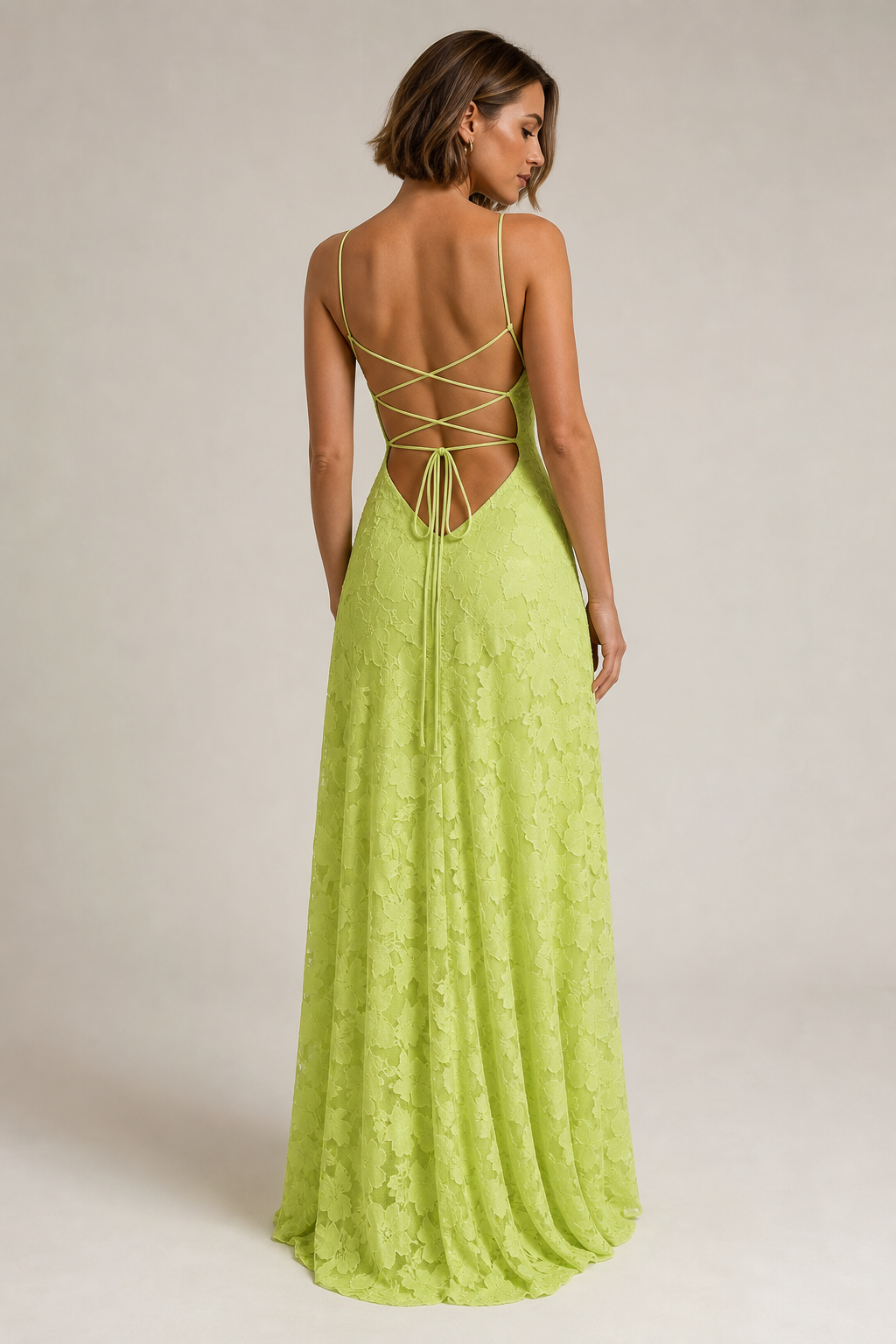 Lime Green lace A-line maxi dress — rear
