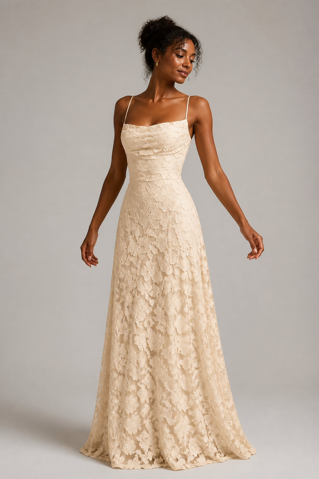 Beige lace A-line maxi dress — hero