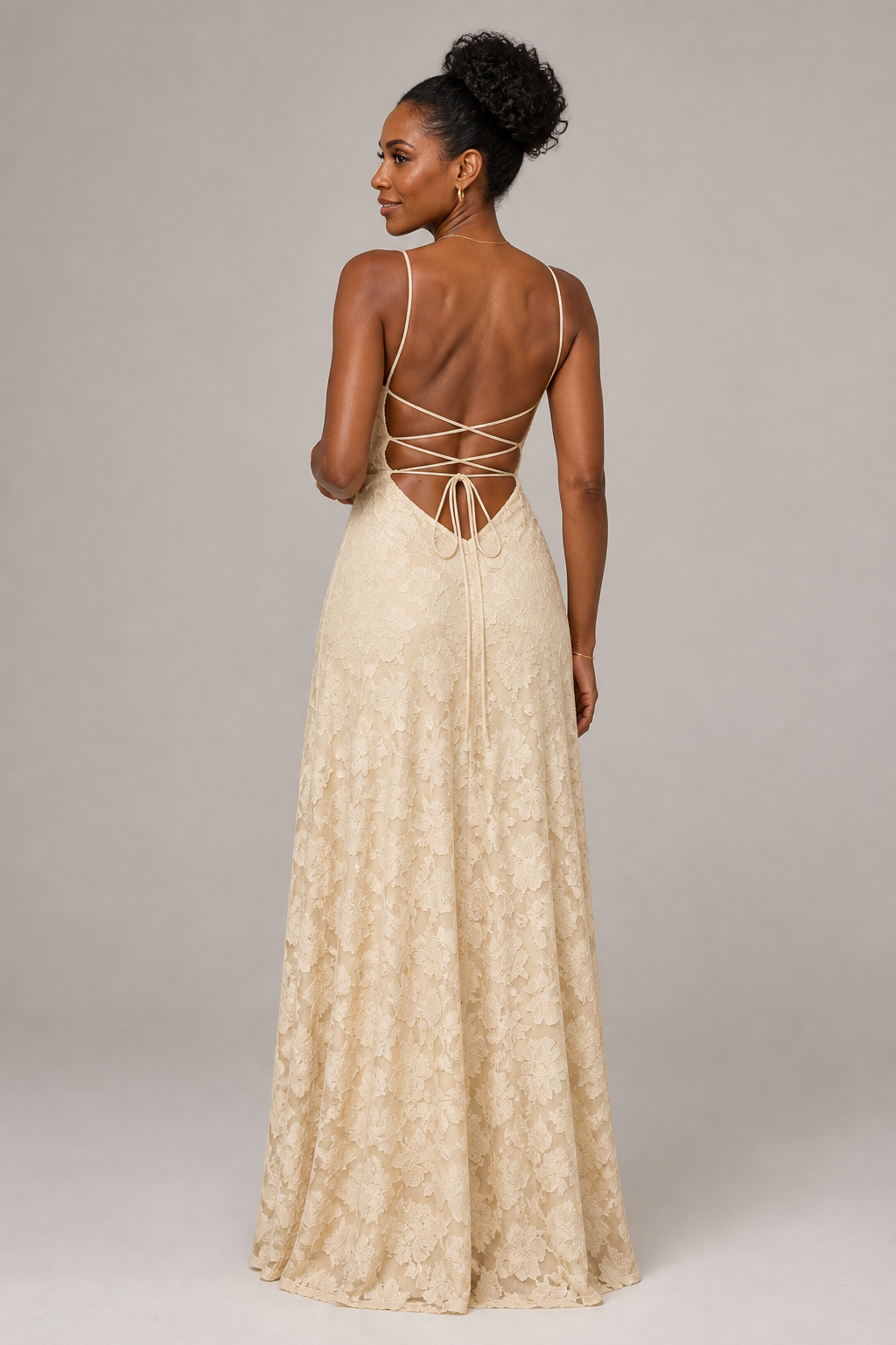 Beige lace A-line maxi dress — rear