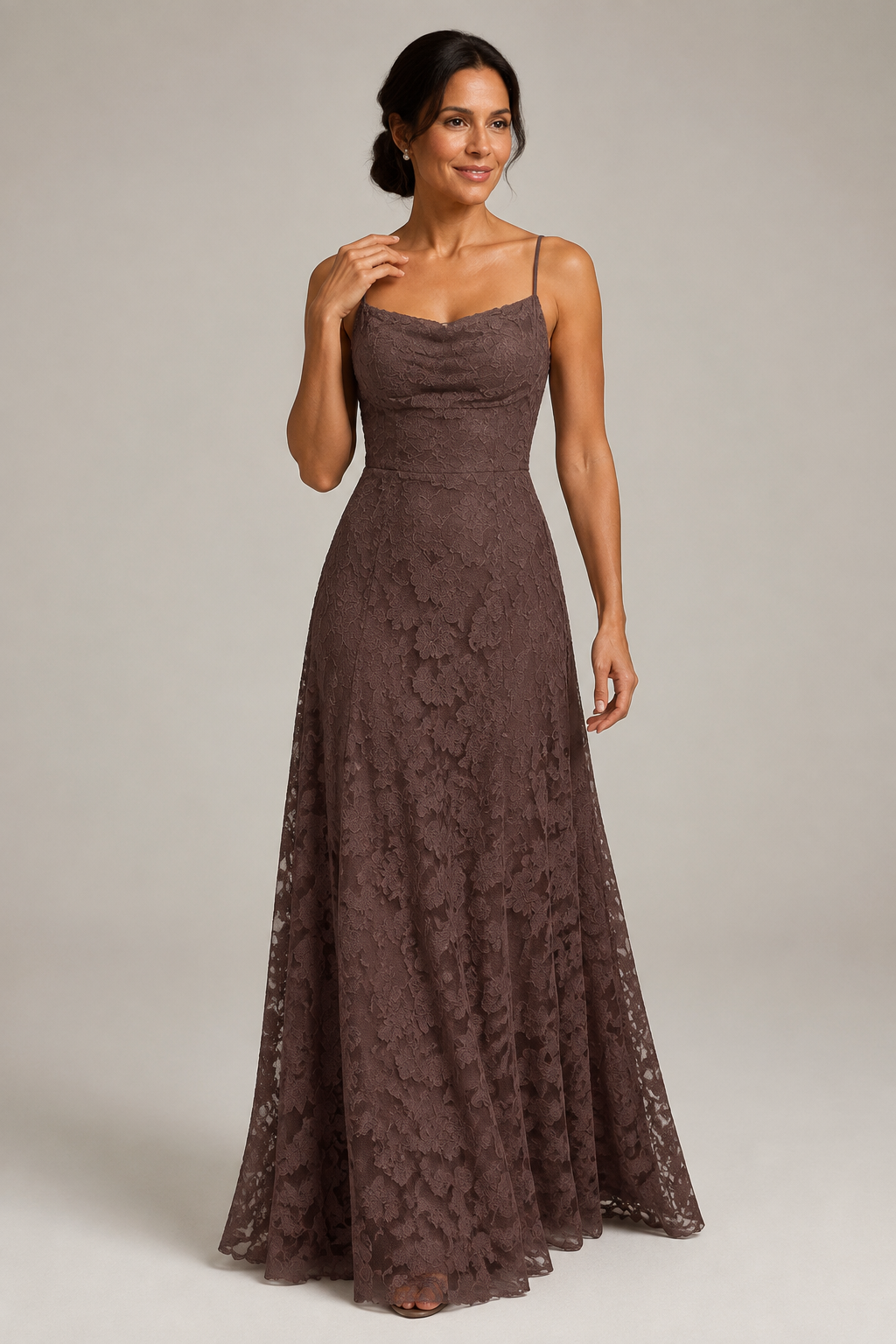 Coffee Brown lace A-line maxi dress — hero