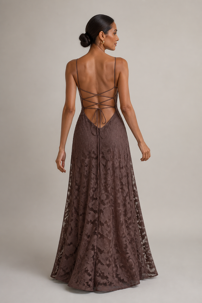 Coffee Brown lace A-line maxi dress — rear