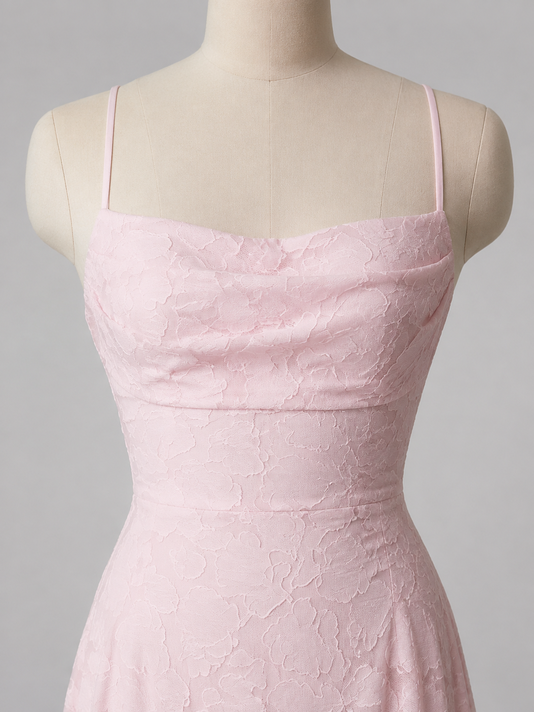 Pink lace A-line maxi dress — neckline detail