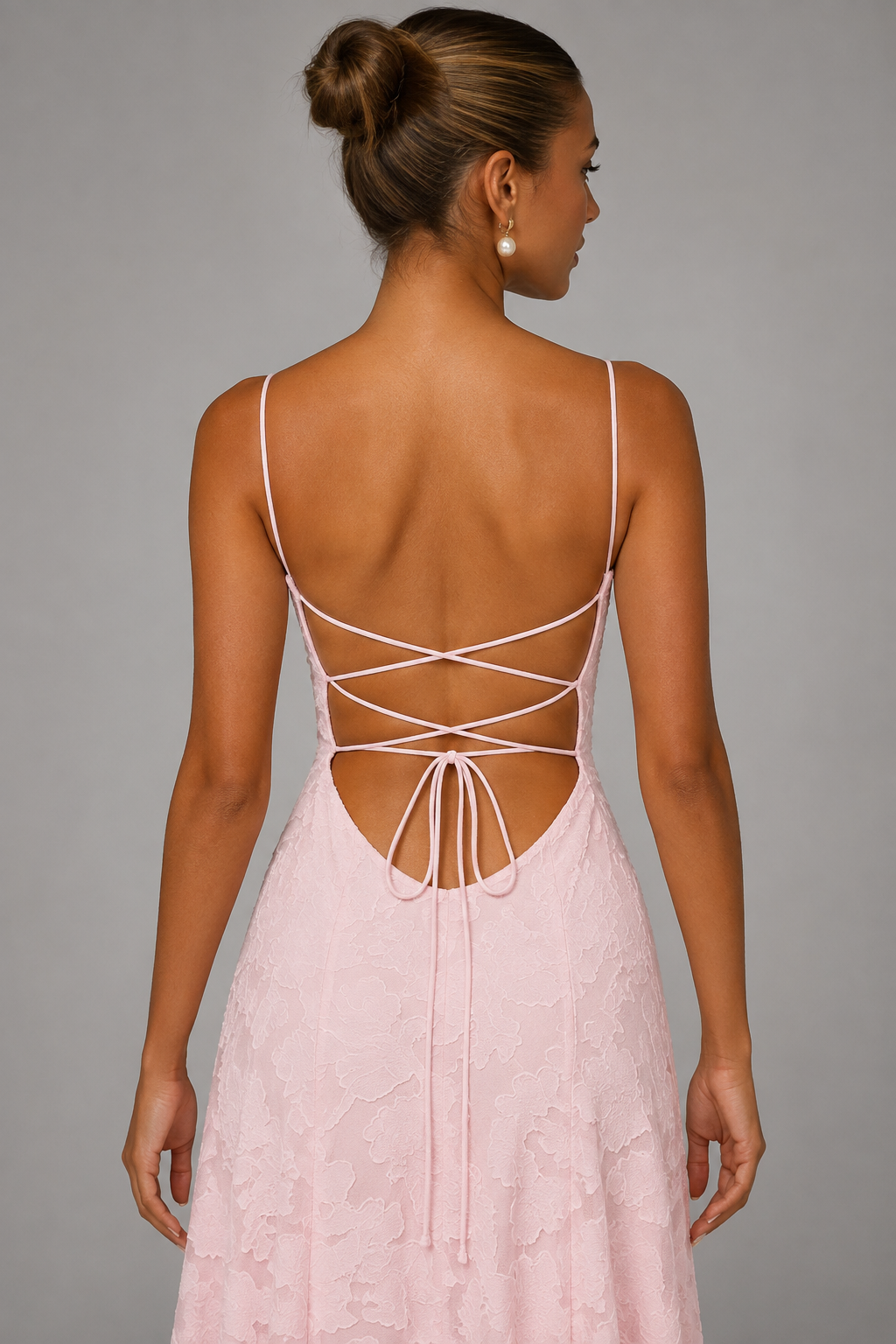 Pink lace A-line maxi dress — open back detail