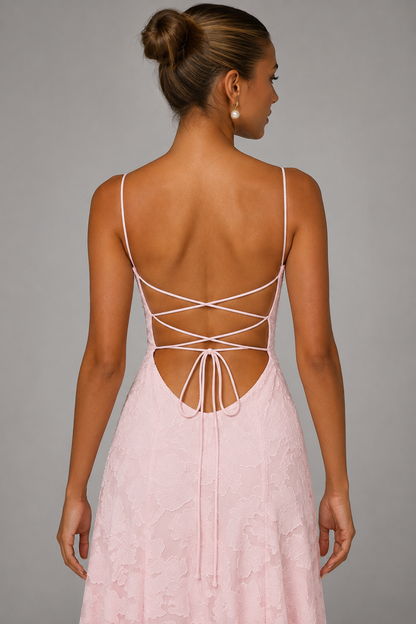Pink lace A-line maxi dress — open back detail