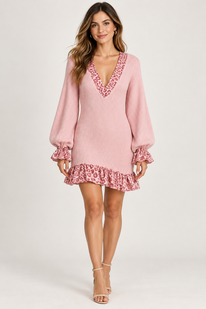 AuraX studio photo of Women's Leopard-Trim Ruffle-Hem Sweater Dress in Dusty Pink
