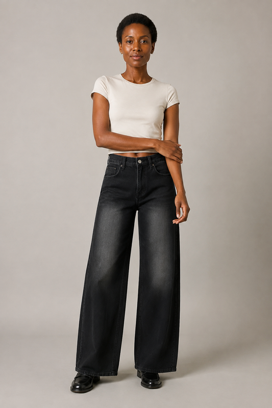 Black mid-rise wide-leg jeans — studio front view