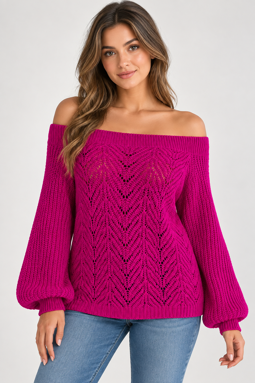 AuraX studio photo of Women's Off-Shoulder Open-Knit Sweater in Deep Rose