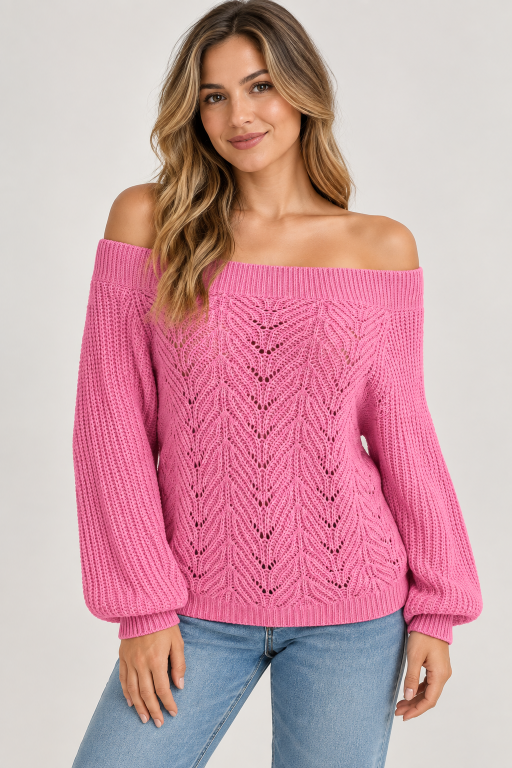 AuraX studio photo of Women's Off-Shoulder Open-Knit Sweater in Fuchsia Pink