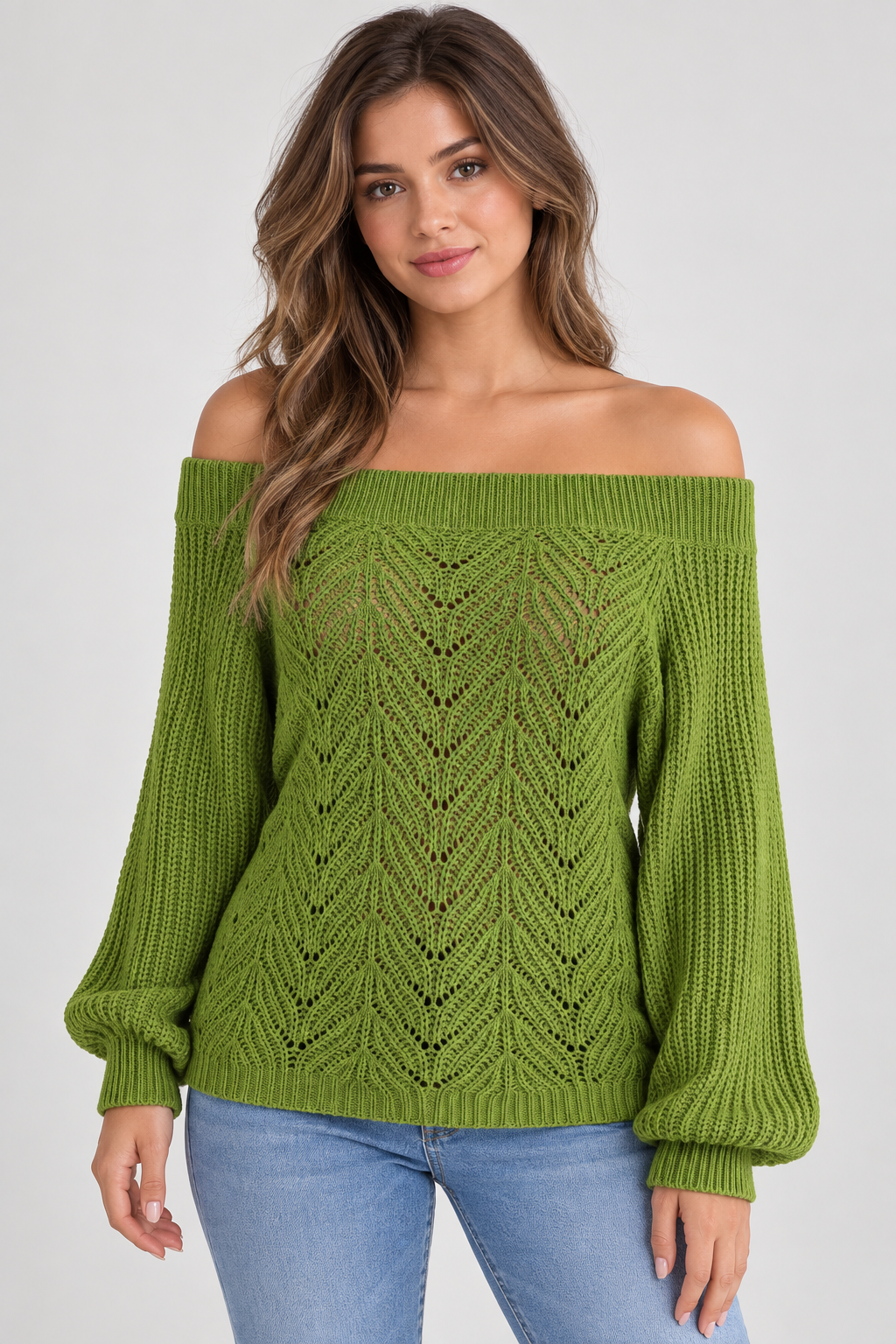 AuraX studio photo of Women's Off-Shoulder Open-Knit Sweater in Green
