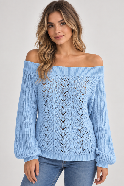 AuraX studio photo of Women's Off-Shoulder Open-Knit Sweater in Light Blue