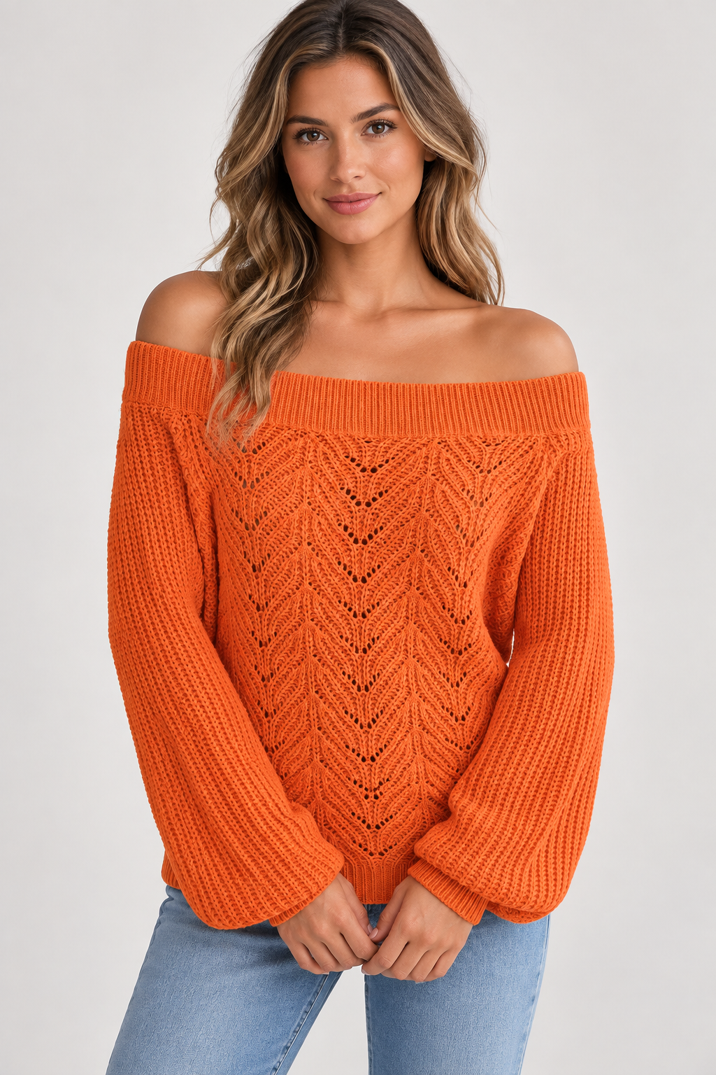 AuraX studio photo of Women's Off-Shoulder Open-Knit Sweater in Orange