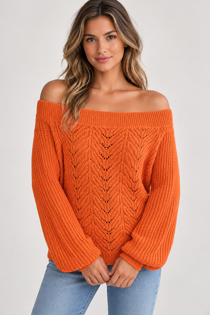AuraX studio photo of Women's Off-Shoulder Open-Knit Sweater in Orange