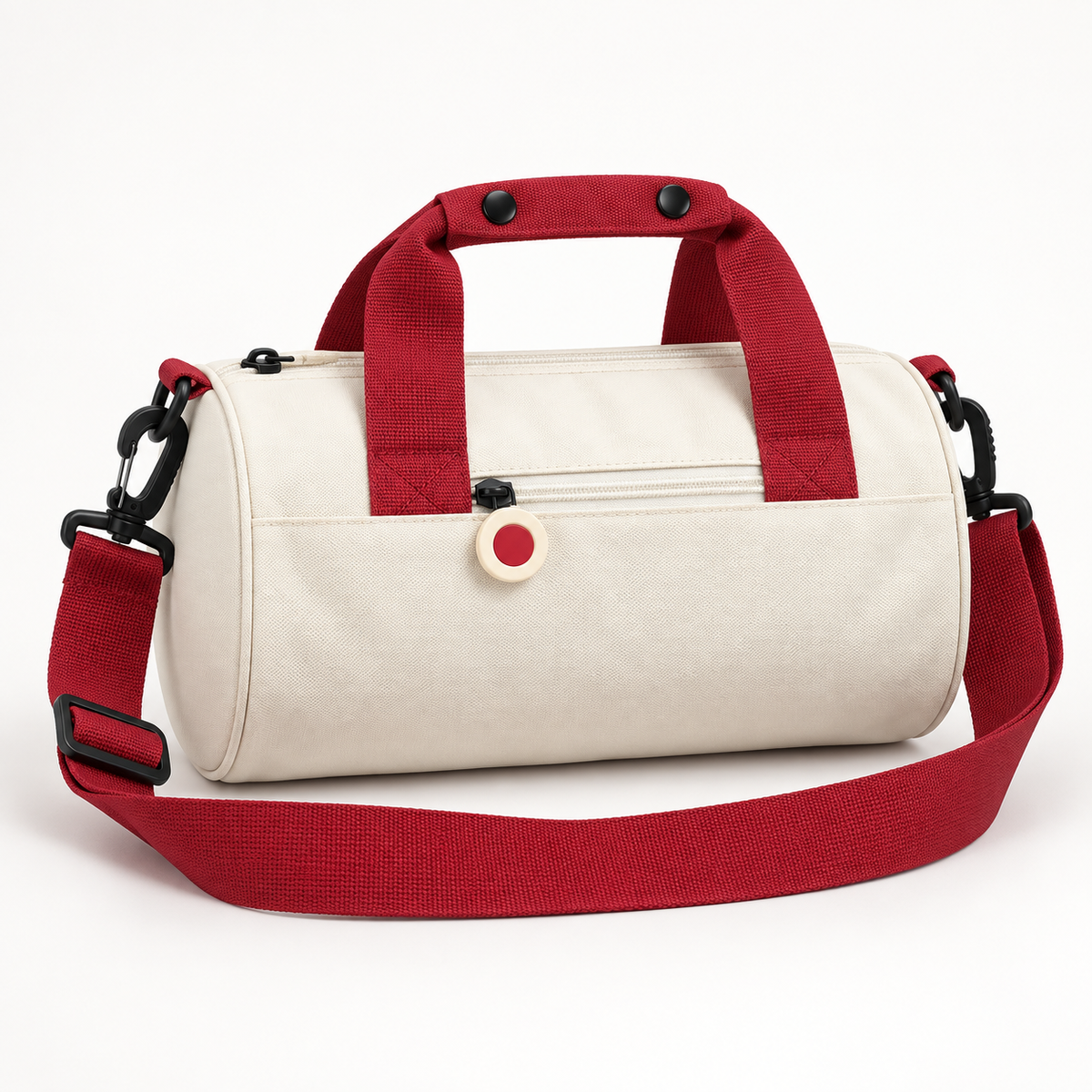 Oxford cloth travel shoulder bag in Tea White + Brick Red, front studio view