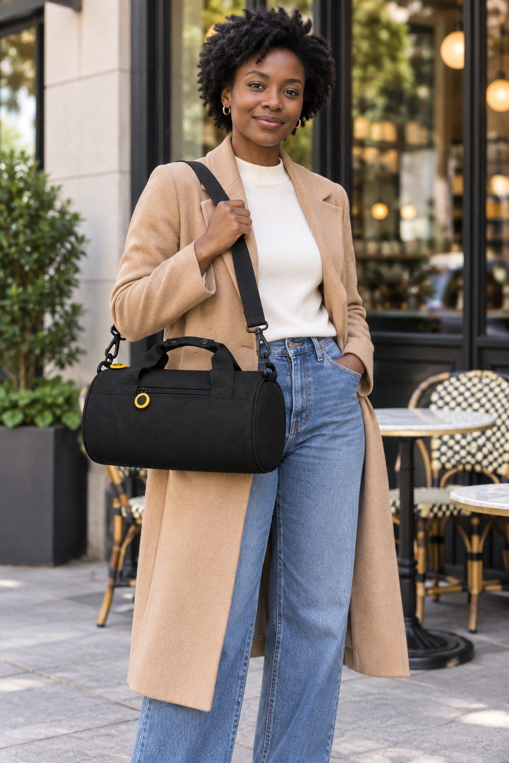 Woman carrying the Ink Black Oxford travel shoulder bag on her shoulder