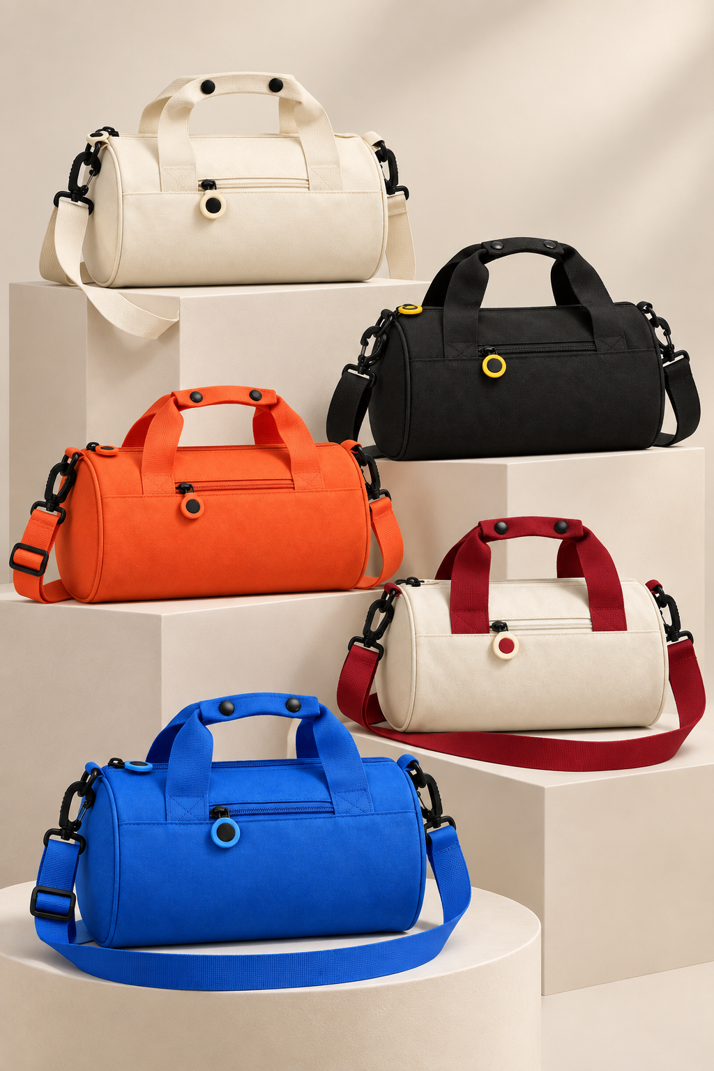 Oxford travel shoulder bags in Tea White, Ink Black, Orange, Tea White and Brick Red, and Klein Blue