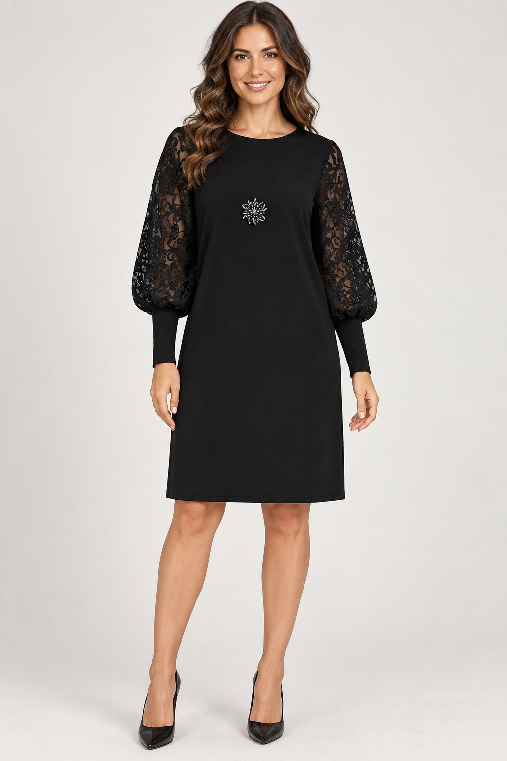 AuraX Black Lace Lantern-Sleeve Dress — studio front