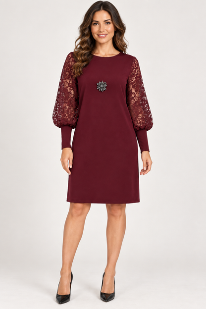 AuraX Burgundy Lace Lantern-Sleeve Dress — studio front