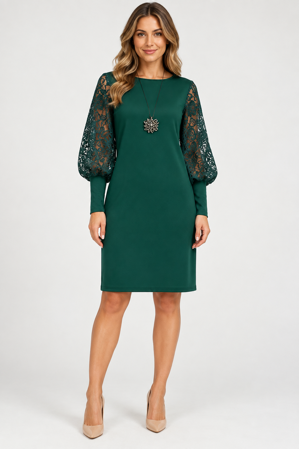 AuraX Dark Green Lace Lantern-Sleeve Dress — studio front