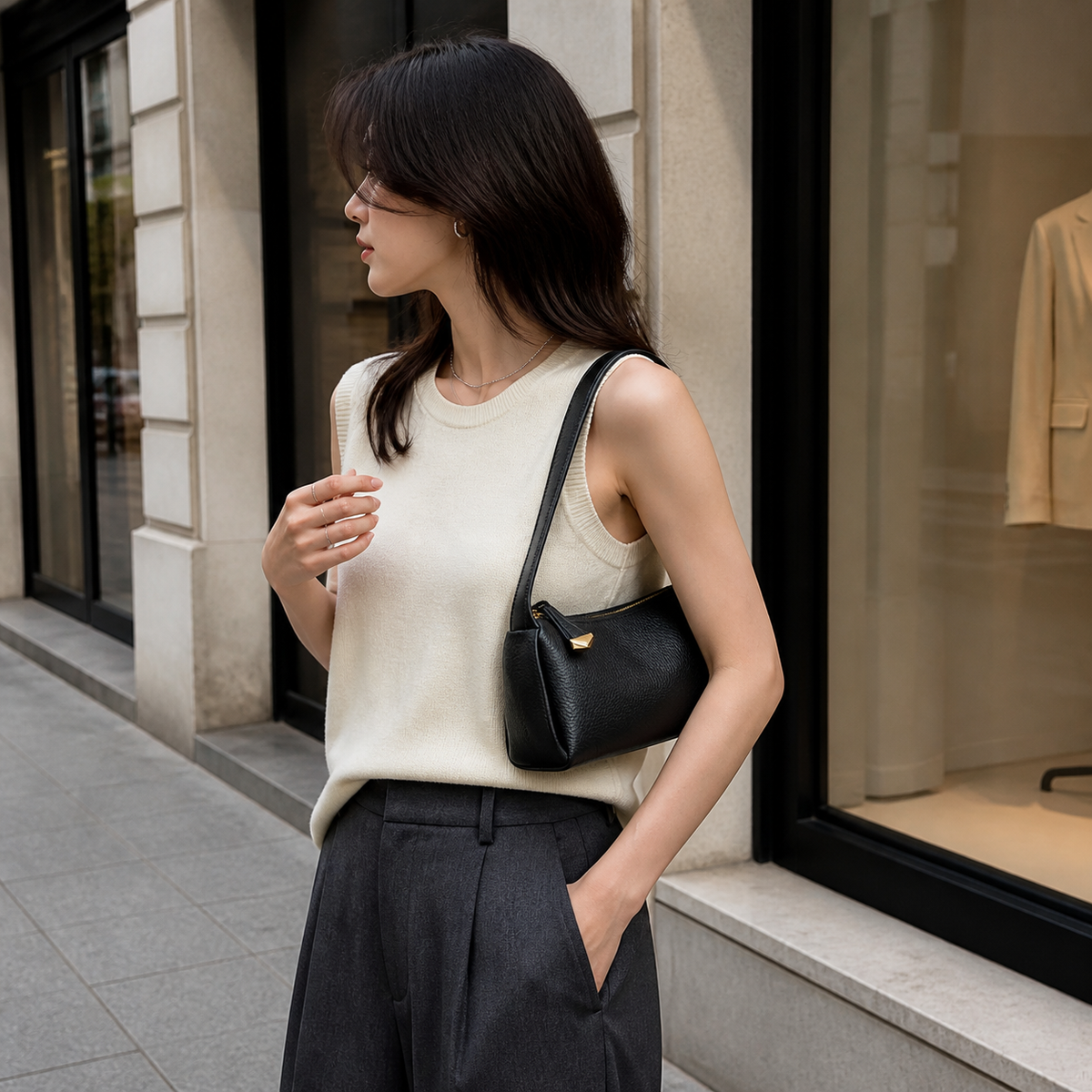 Woman wearing the black pillow shoulder bag in an upscale boutique district
