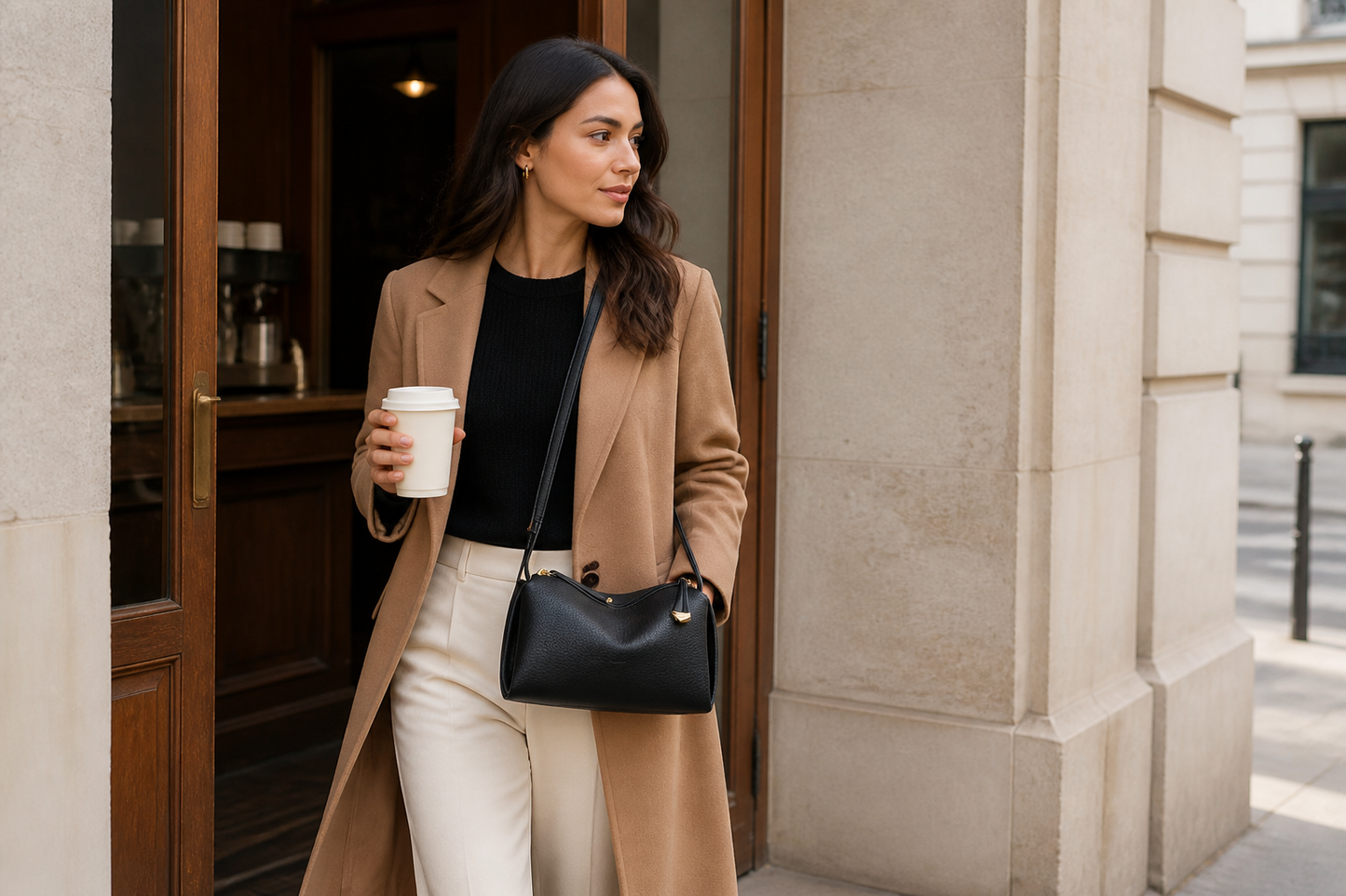 Woman carrying the black pillow shoulder bag while leaving a café