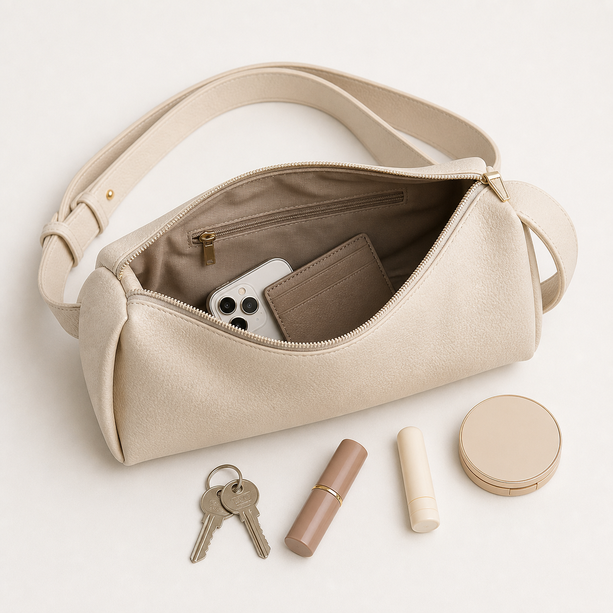 Open off-white pillow shoulder bag showing its interior pocket and compact everyday essentials