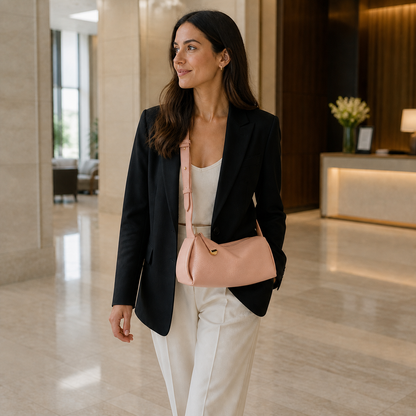 Woman wearing the pink pillow shoulder bag crossbody in a modern hotel lobby