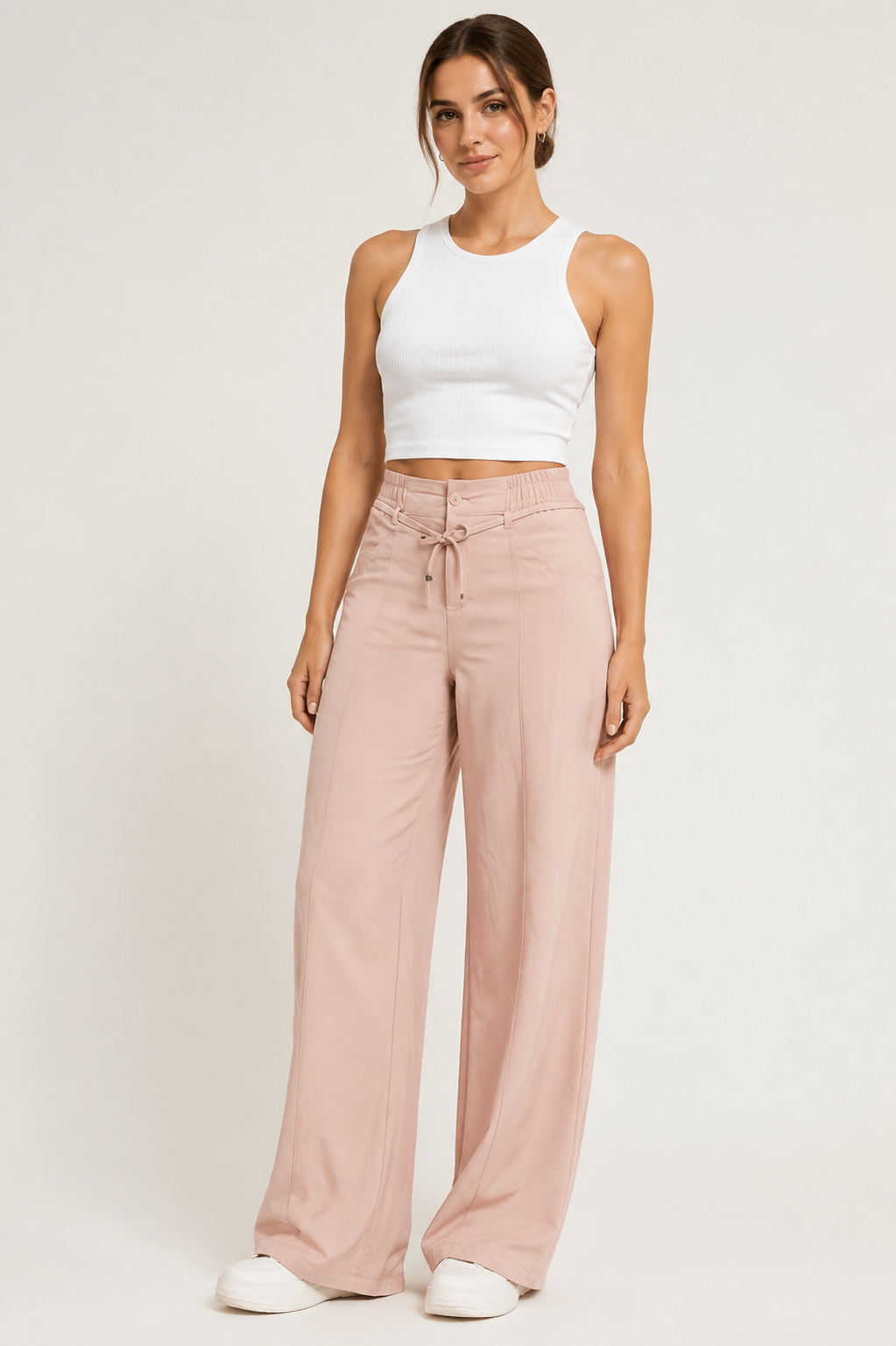 Women's High-Waist Drawstring Cargo Pants in Light Pink