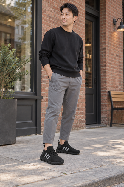 Men’s all black knit lace-up sneakers with EVA sole lifestyle view