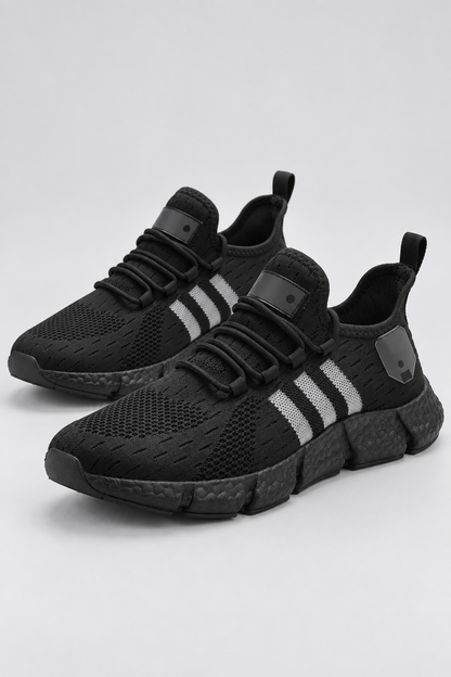 Men’s all black knit lace-up sneakers with EVA sole studio view