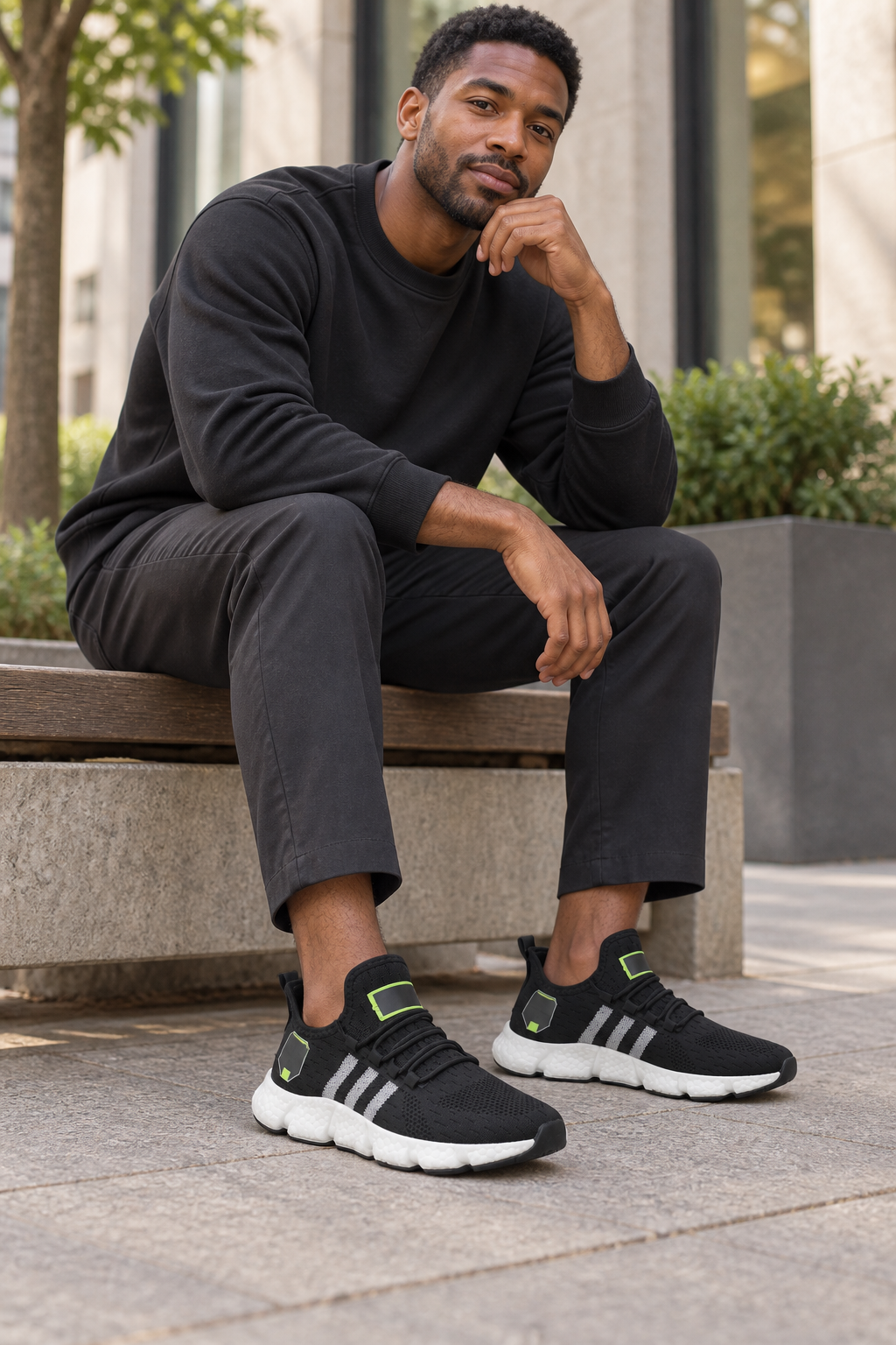 Men’s black and white knit lace-up sneakers with EVA sole lifestyle view