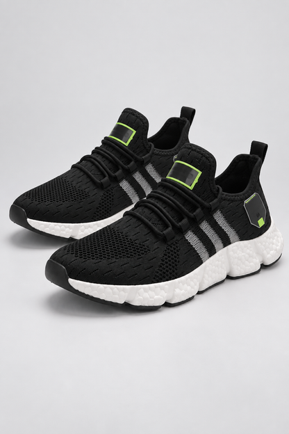 Men’s black and white knit lace-up sneakers with EVA sole studio view