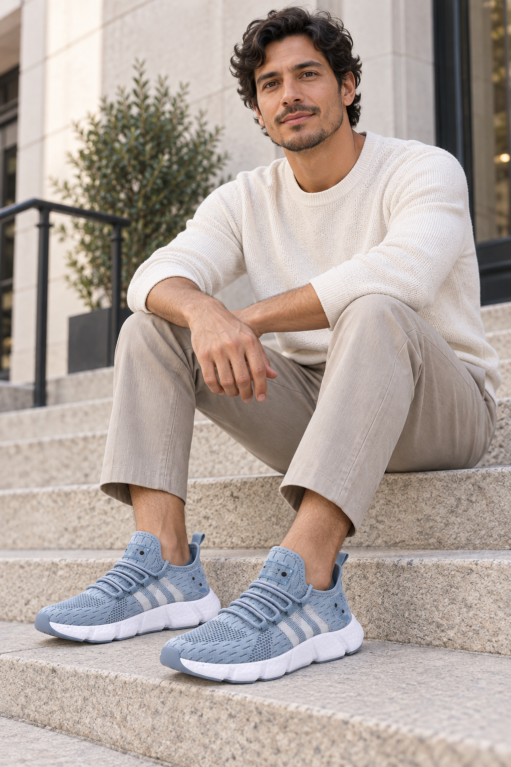 Men’s blue knit lace-up sneakers with EVA sole lifestyle view