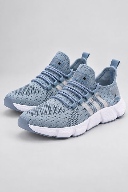 Men’s blue knit lace-up sneakers with EVA sole studio view