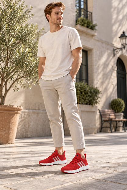 Men’s bright red knit lace-up sneakers with EVA sole lifestyle view