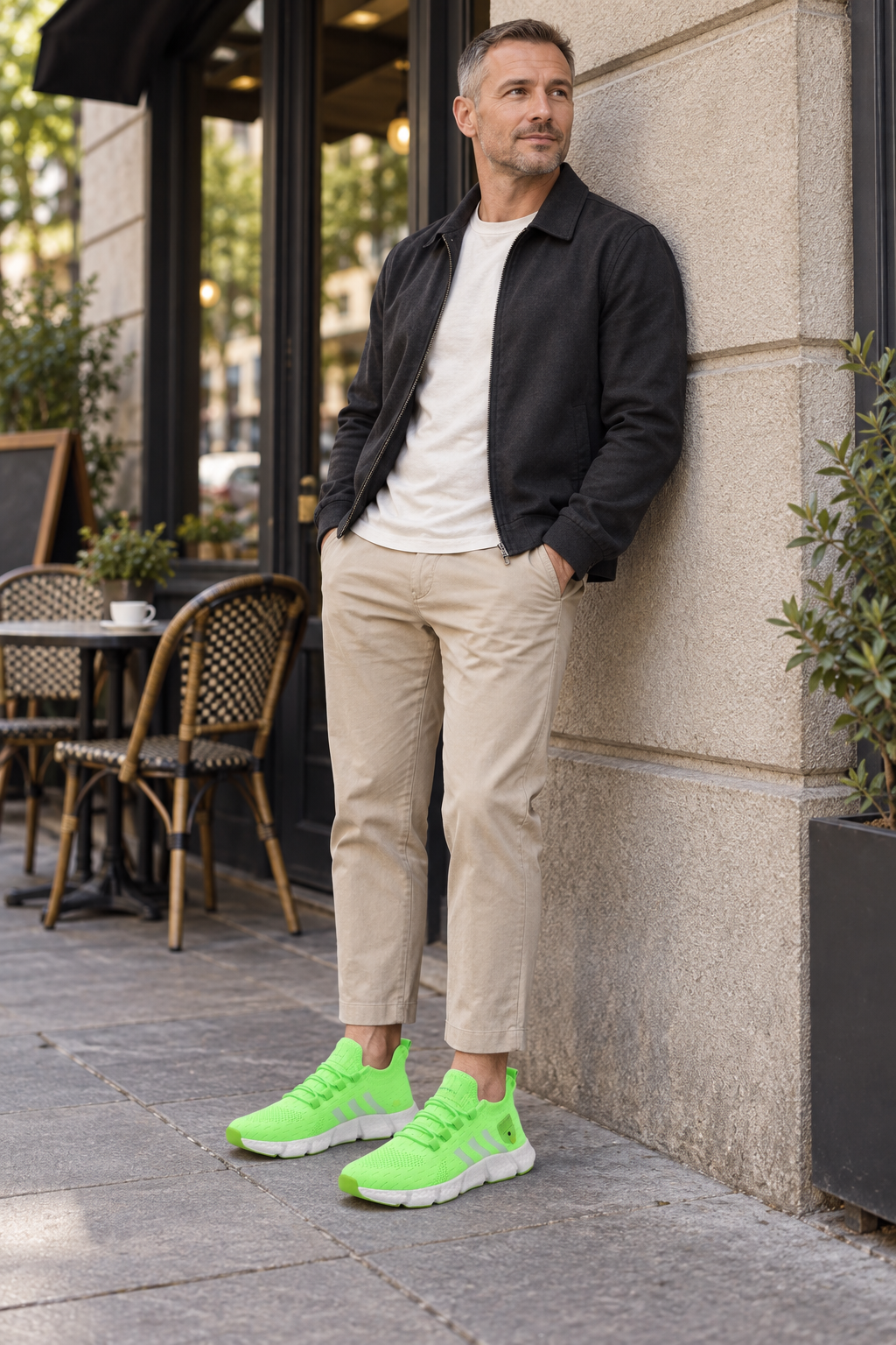 Men’s green knit lace-up sneakers with EVA sole lifestyle view